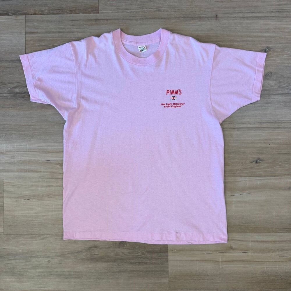 Vintage Screen Stars Tag Pimm’s Gin Liquor Promo Shirt Pink Sz XL British Pub